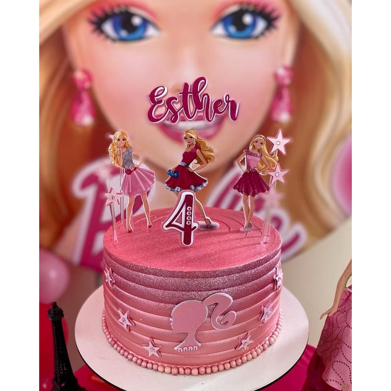 Topo de Bolo - Barbie Rosas - Personalizado com nome e idade