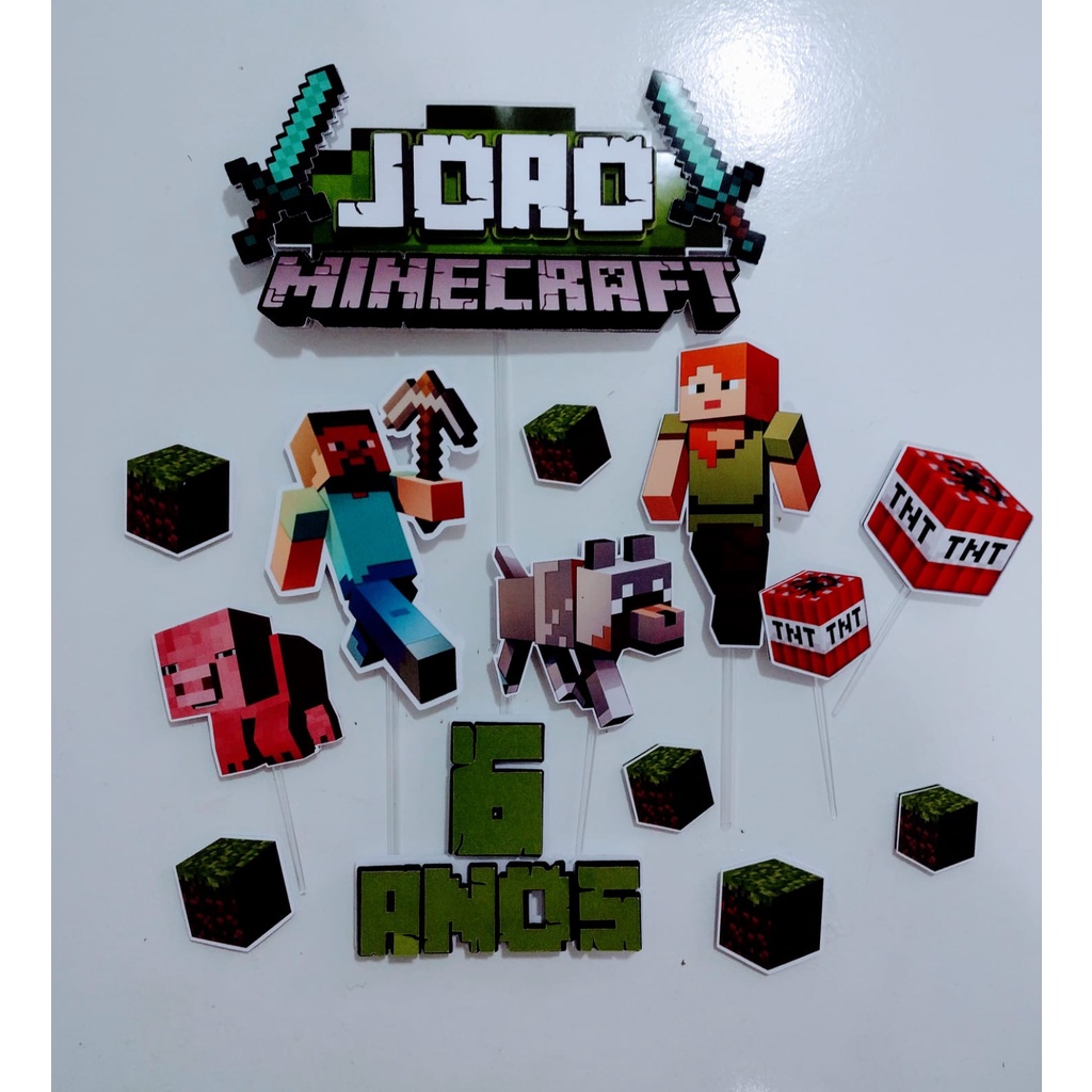 Minecraft Topo de Bolo Personalizado Com Nome e Idade