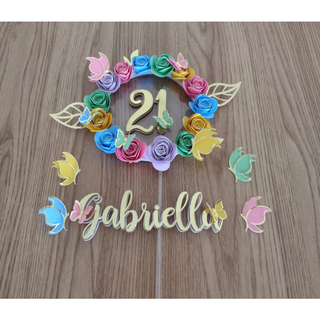 Topo / Topper de Bolo Adulto Feminino Personalizado 3D Flores