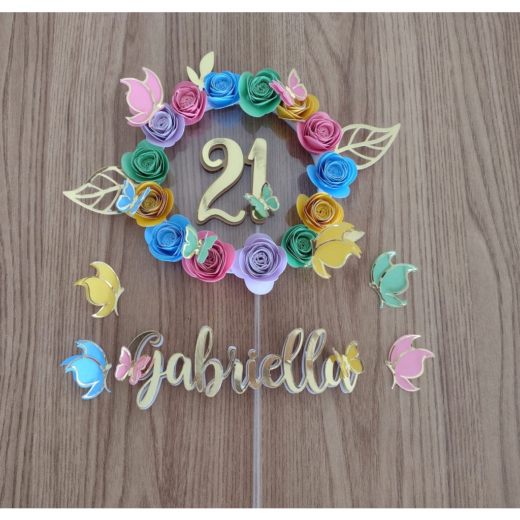 Topo / Topper de Bolo Adulto Feminino Personalizado 3D Flores